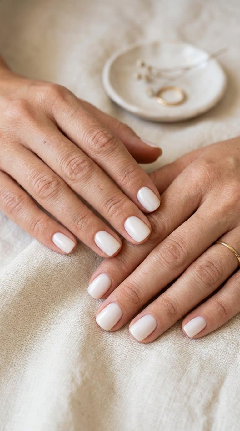 A person’s hands with short nails painted milky white resting on a light neutral surface.