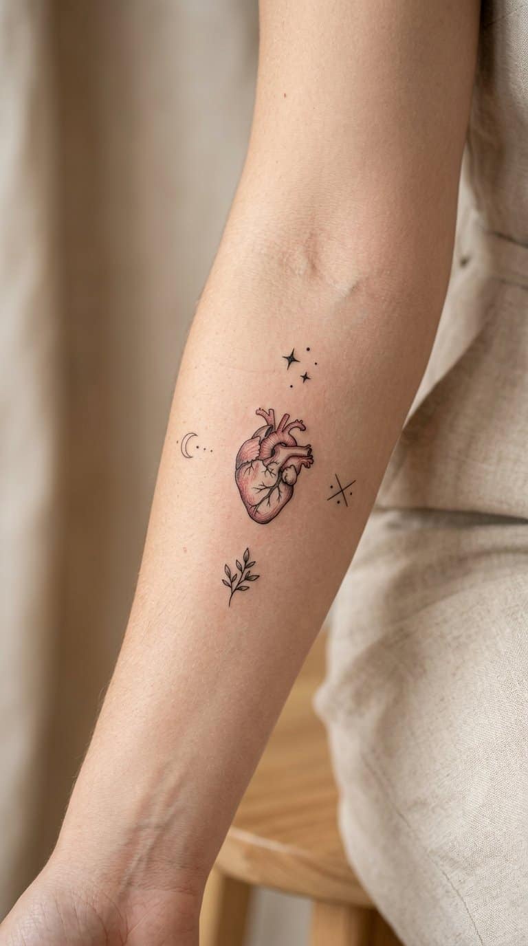 A small anatomical heart tattoo surrounded by several tiny decorative tattoos on a person's forearm.