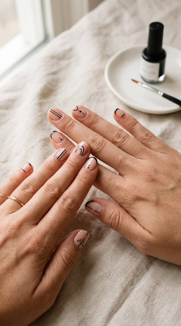 Hands with short nails featuring simple black line designs on a light surface.