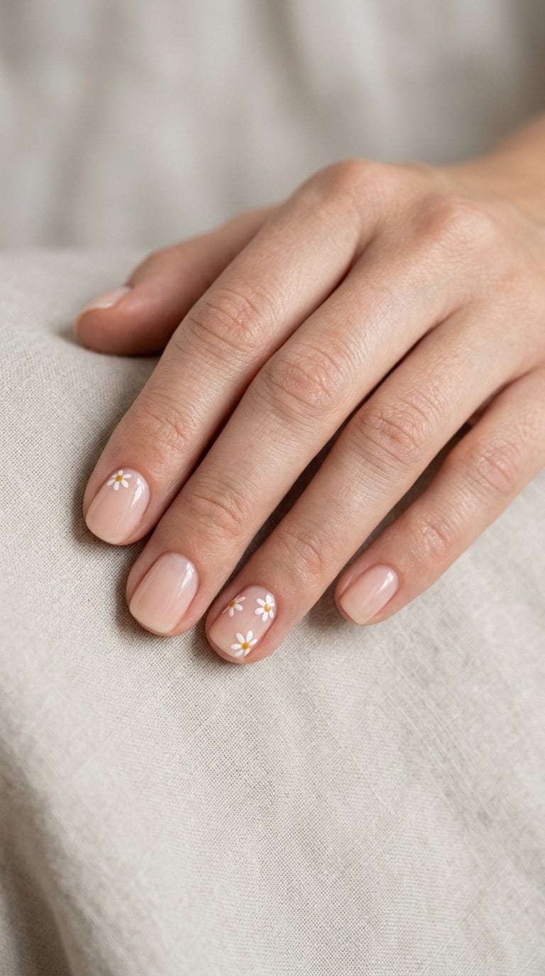 A hand with short nude nails featuring small white daisy accents.