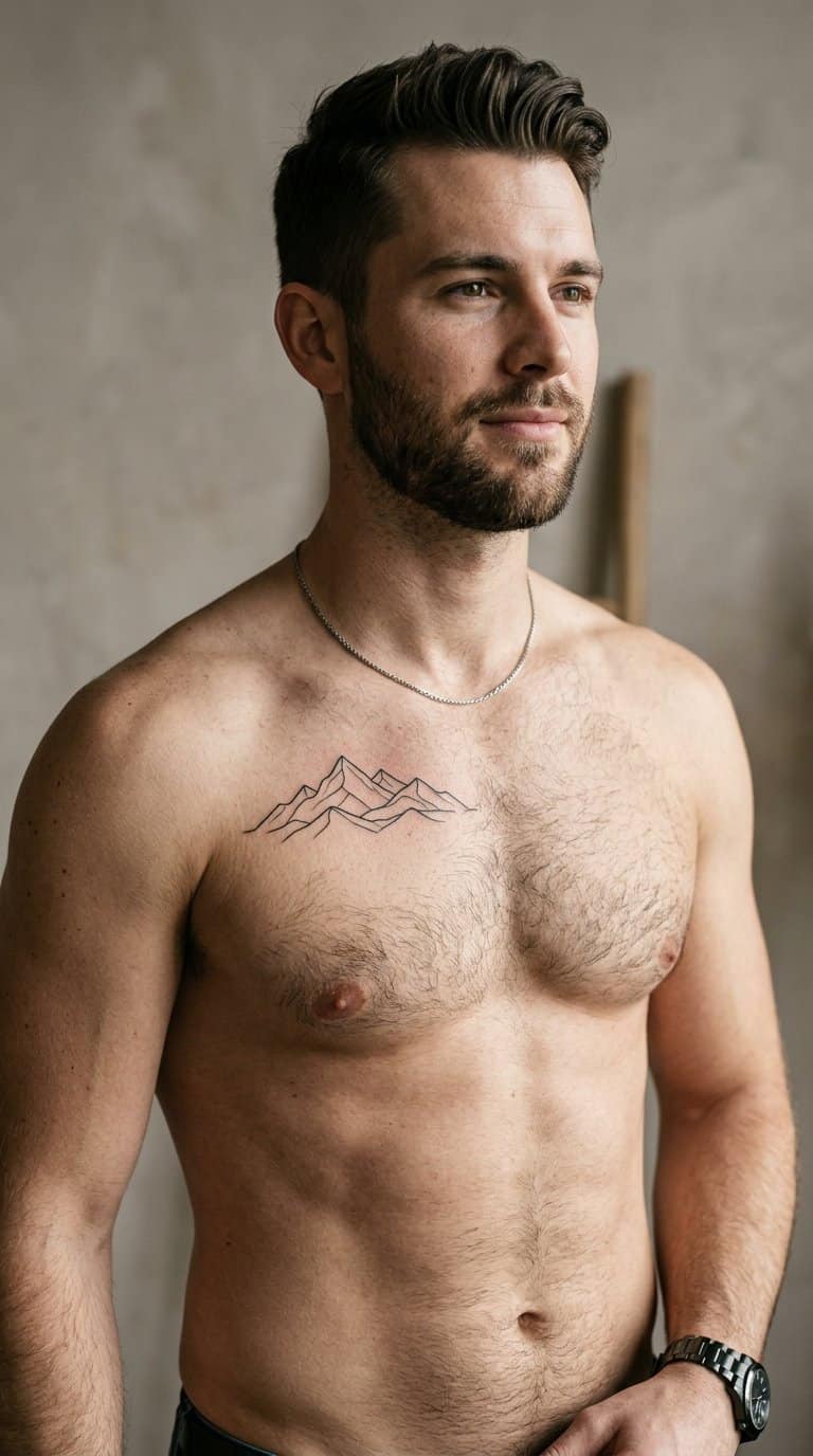 A man displays a minimalist mountain range tattoo across his upper chest.