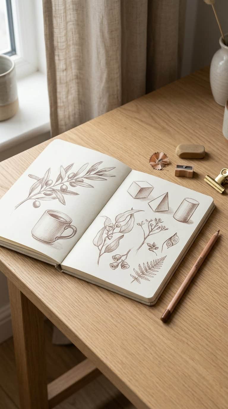 An open sketchbook displays simple drawings made with a single colored pencil beside the pencil and art supplies.