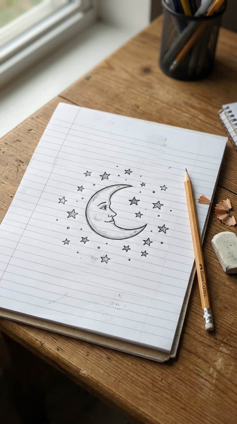 A crescent moon and small stars drawn on a sheet of notebook paper.