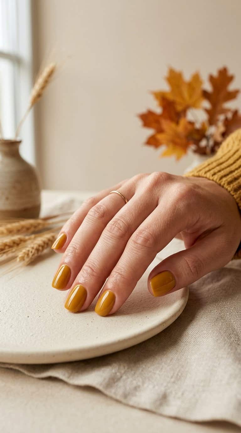 A hand with short glossy mustard yellow nails resting on a warm neutral surface.