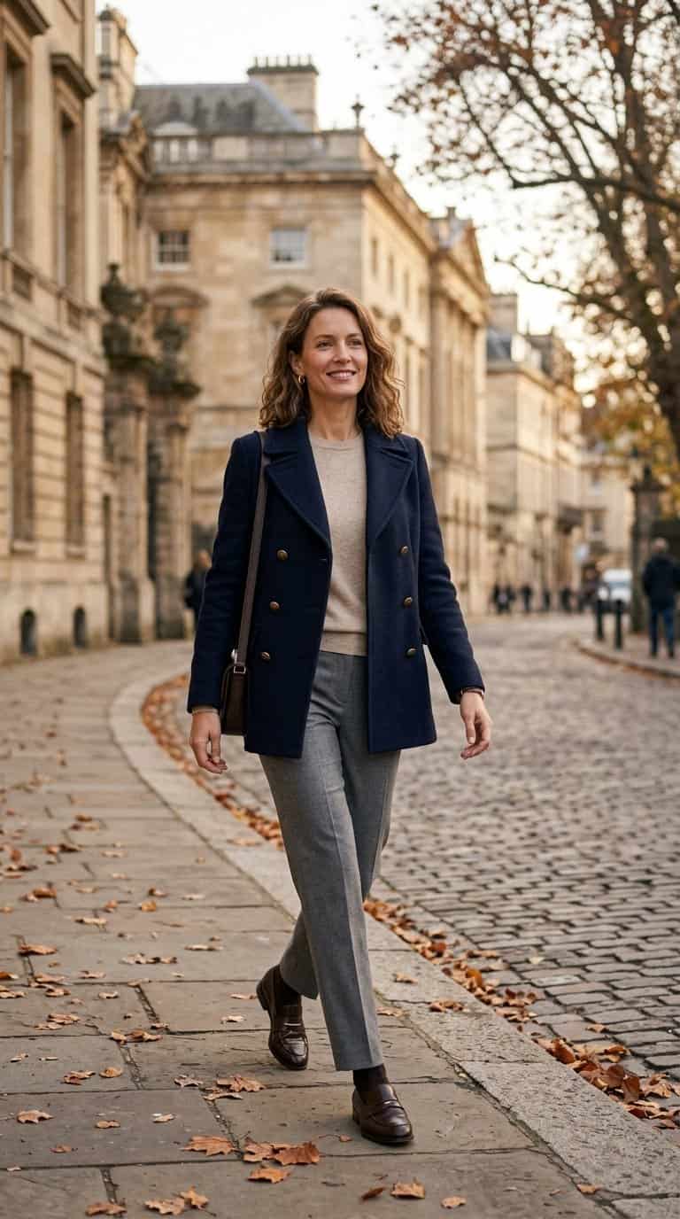 A person wearing a navy peacoat, light sweater, gray tailored trousers, and leather shoes outdoors in autumn.