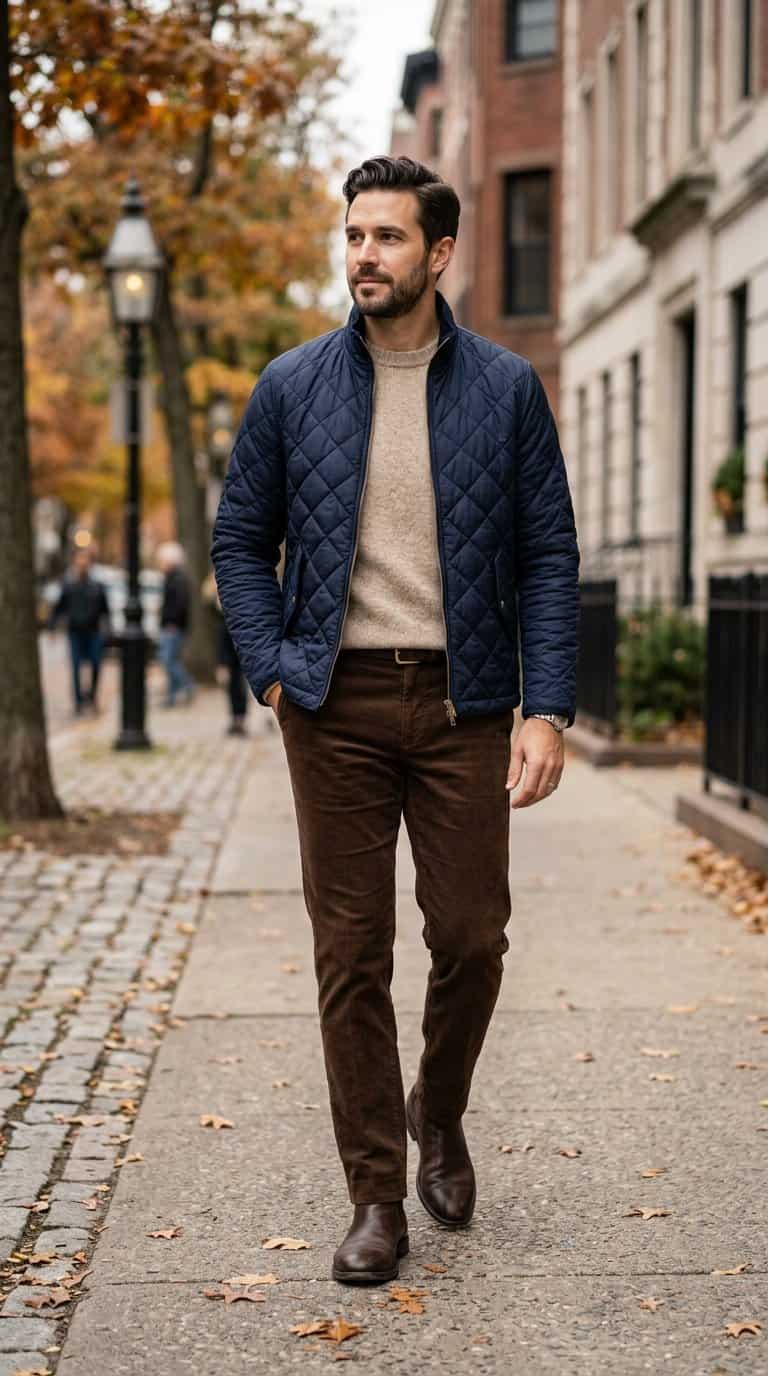 A person wearing a navy quilted jacket and brown corduroy pants stands outdoors in an autumn setting.