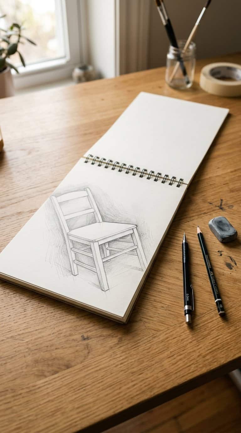An open sketchbook shows a pencil drawing of the empty spaces around a wooden chair.