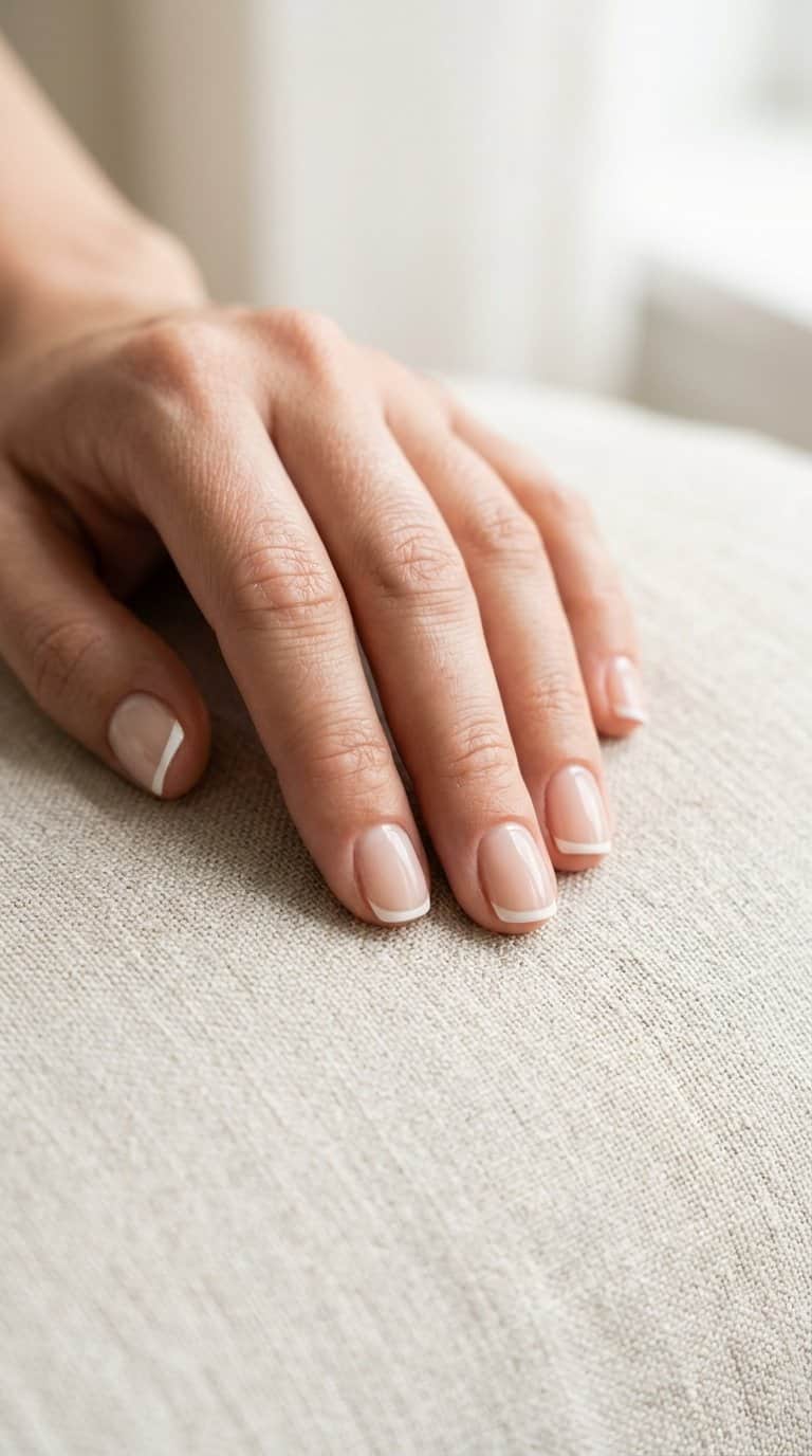 A hand with short nails featuring delicate white French tips rests on a neutral surface.