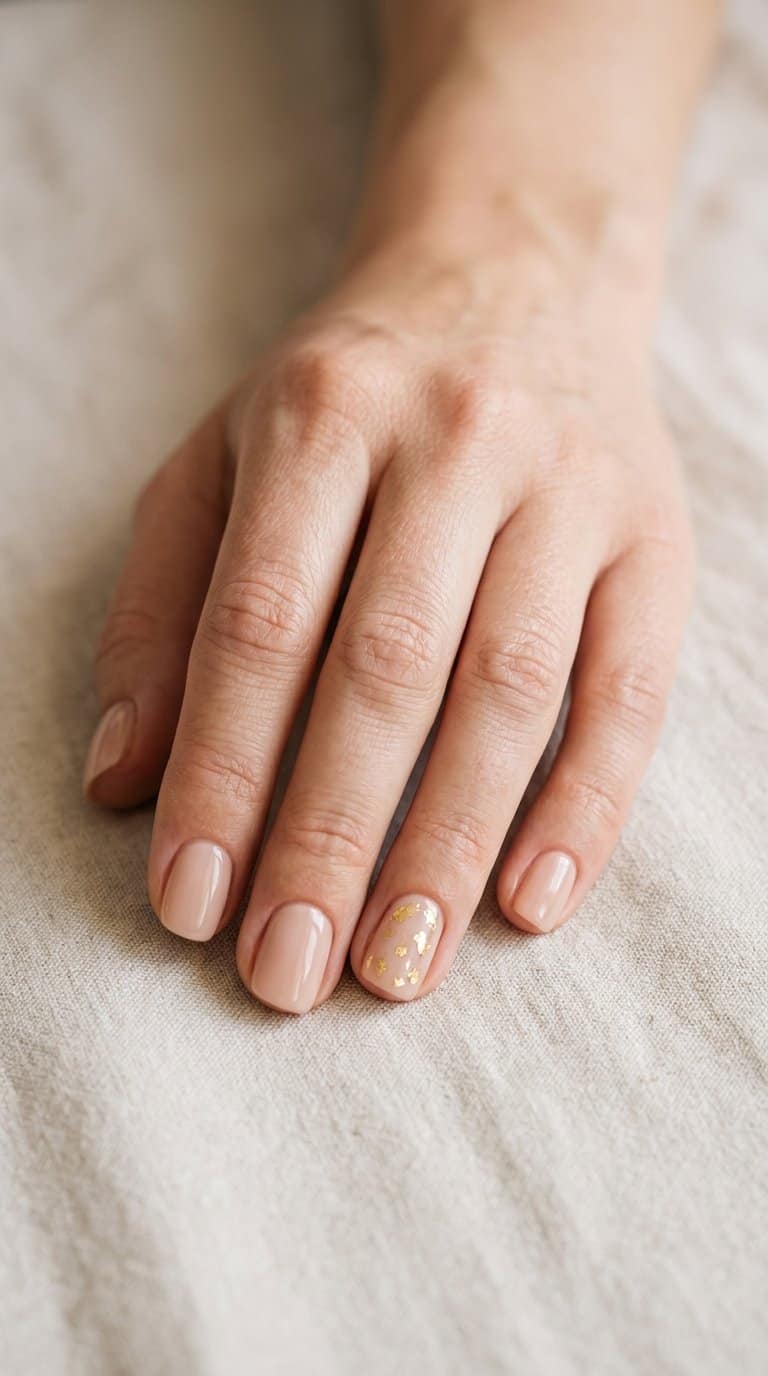 A hand with short nude-colored nails decorated with small gold flecks.