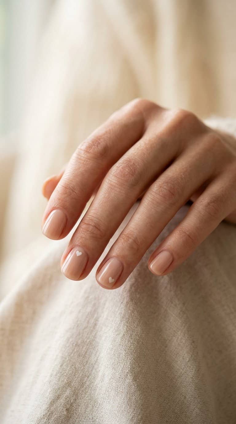 A hand displaying short nude nails with tiny heart accents.
