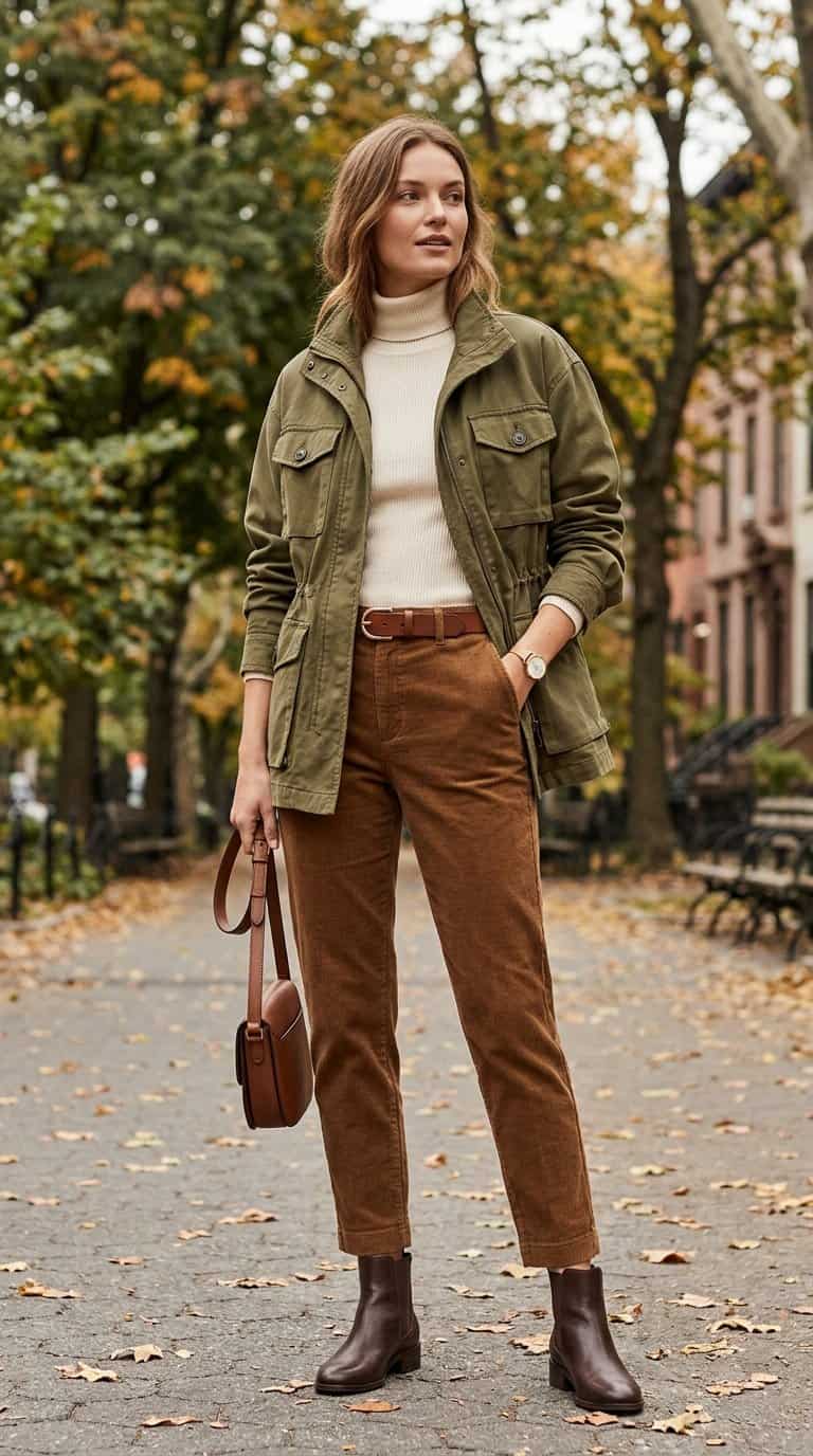 A person wearing an olive utility jacket and brown corduroy trousers stands outdoors among autumn foliage.