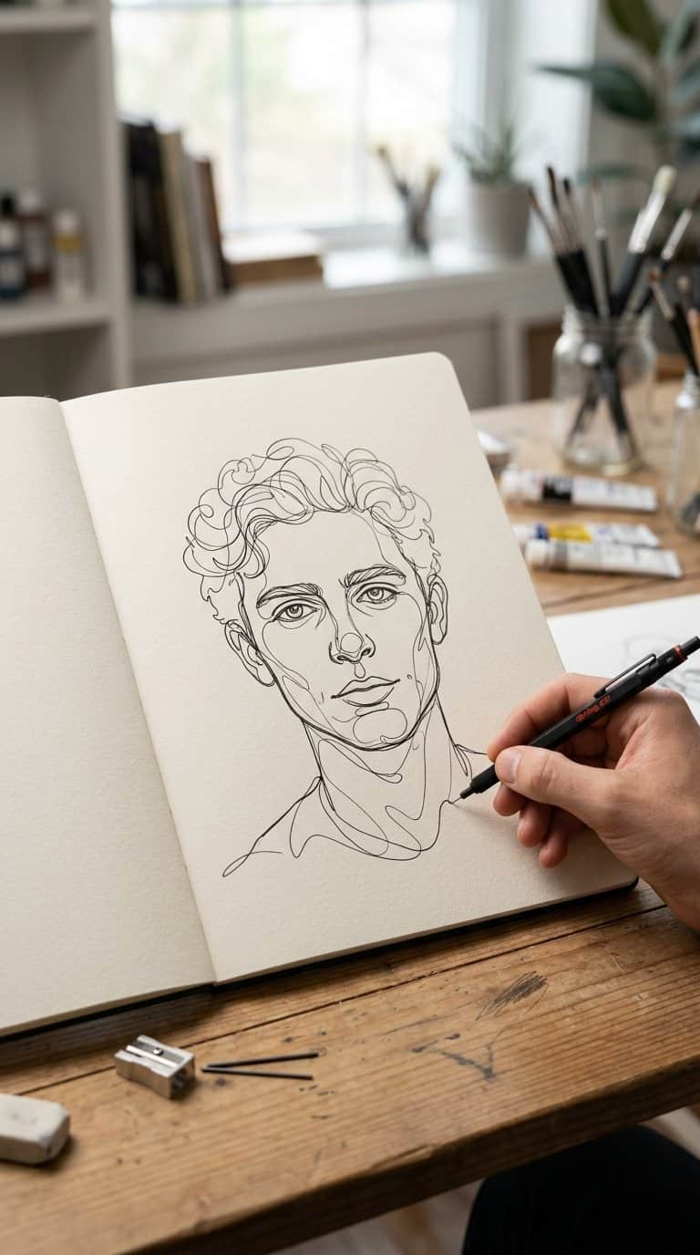 A hand draws a continuous-line self-portrait in an open sketchbook.