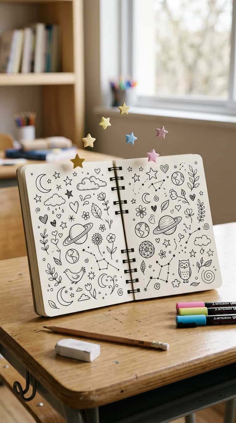 An open sketchbook with playful doodles sits on a classroom desk while colorful stars float above it.