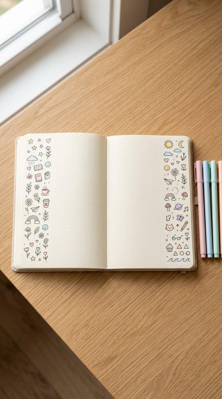 An open notebook with simple doodles decorating the page margins, surrounded by pastel pens on a desk.
