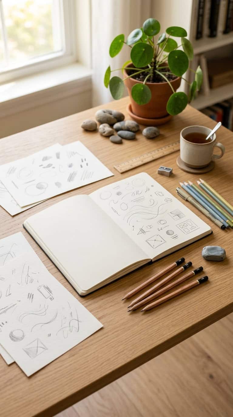 An open sketchbook with drawing tools, abstract pencil sketches, a plant, and a cup on a softly lit desk.