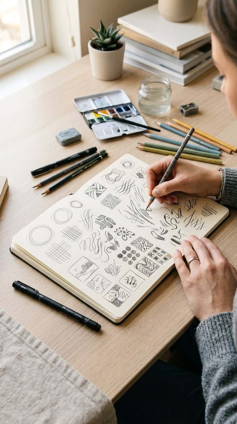 Hands explore simple sketches in an open sketchbook surrounded by art supplies.