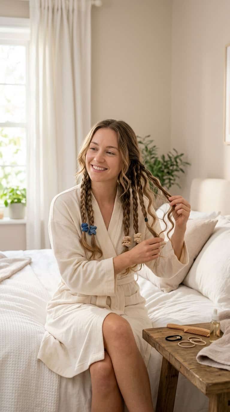 Woman with braided hair gently revealing soft waves in a sunlit bedroom.