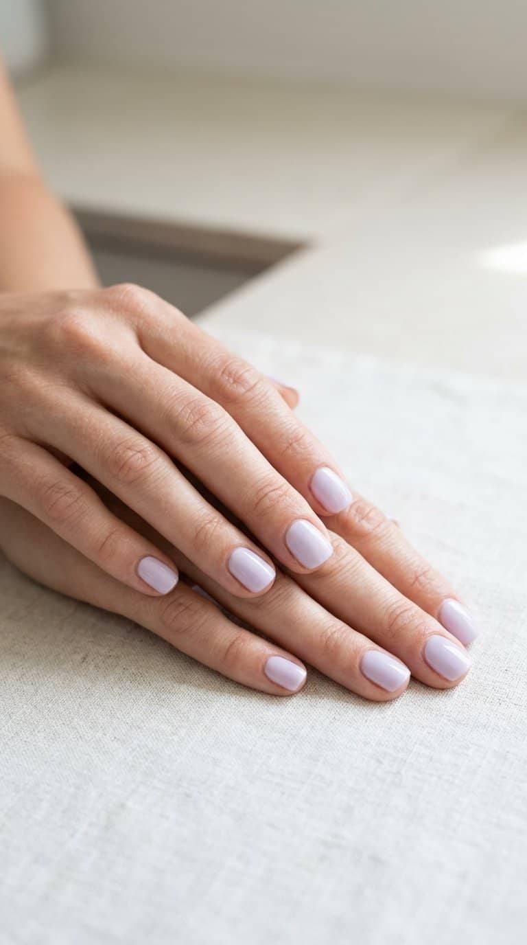 A person’s hands with short nails painted pale lavender resting on a light surface.