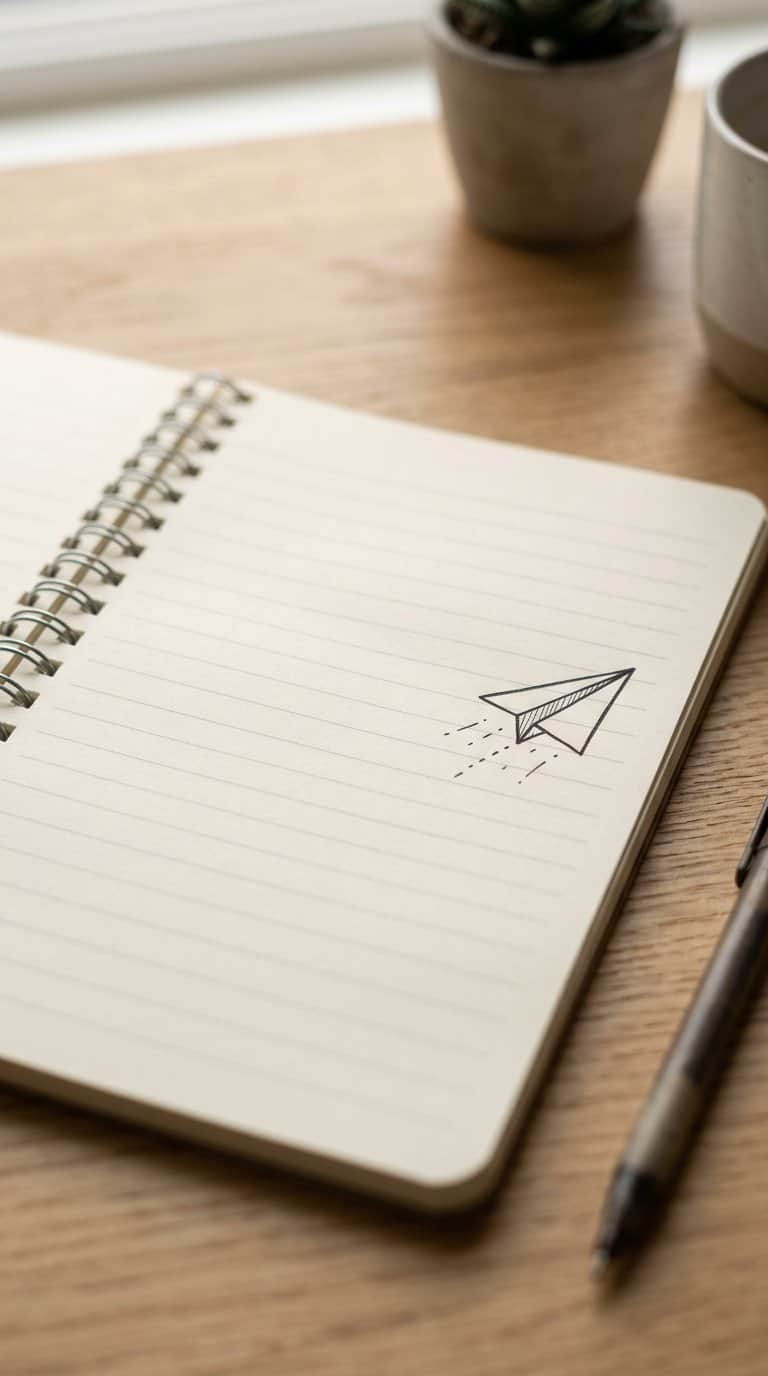 A paper airplane doodle drawn in the margin of an open notebook.