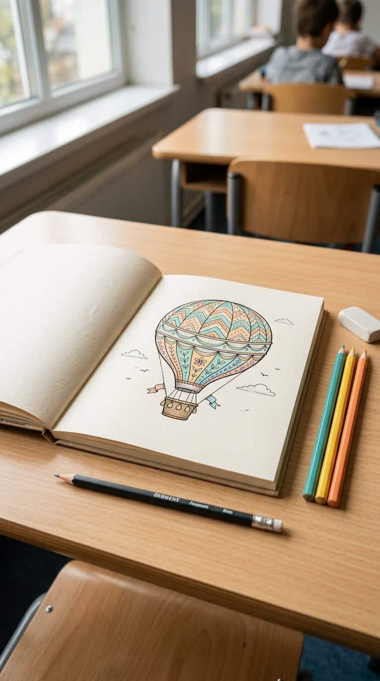 An open sketchbook displays a patterned hot-air balloon drawing on a classroom desk beside pencils and an eraser.