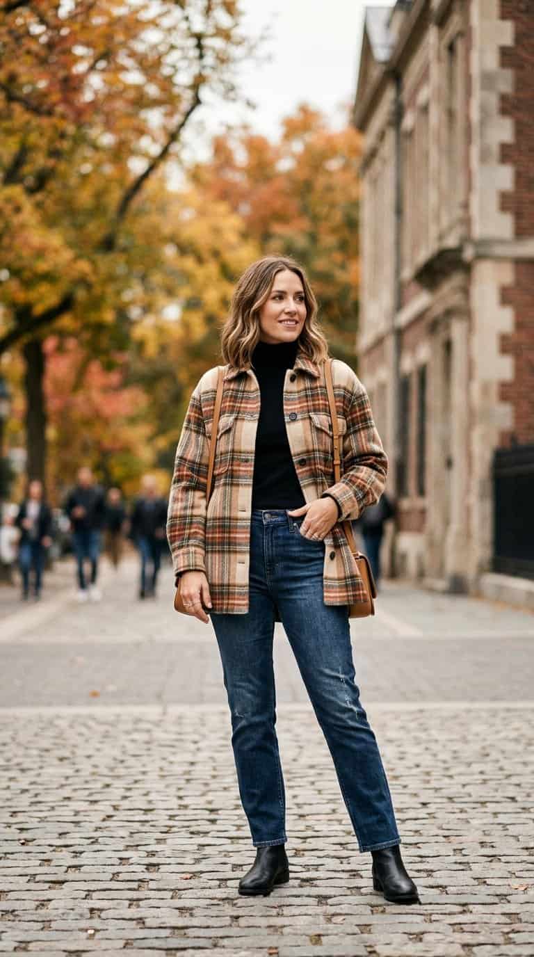 A woman wearing a plaid shacket over a black turtleneck in an autumn setting.