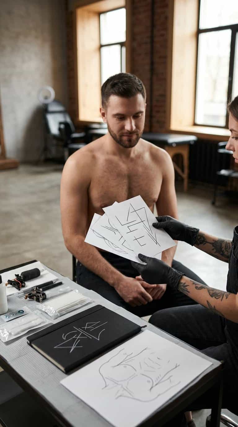 A man discusses chest tattoo placement with a tattoo artist in a clean studio.