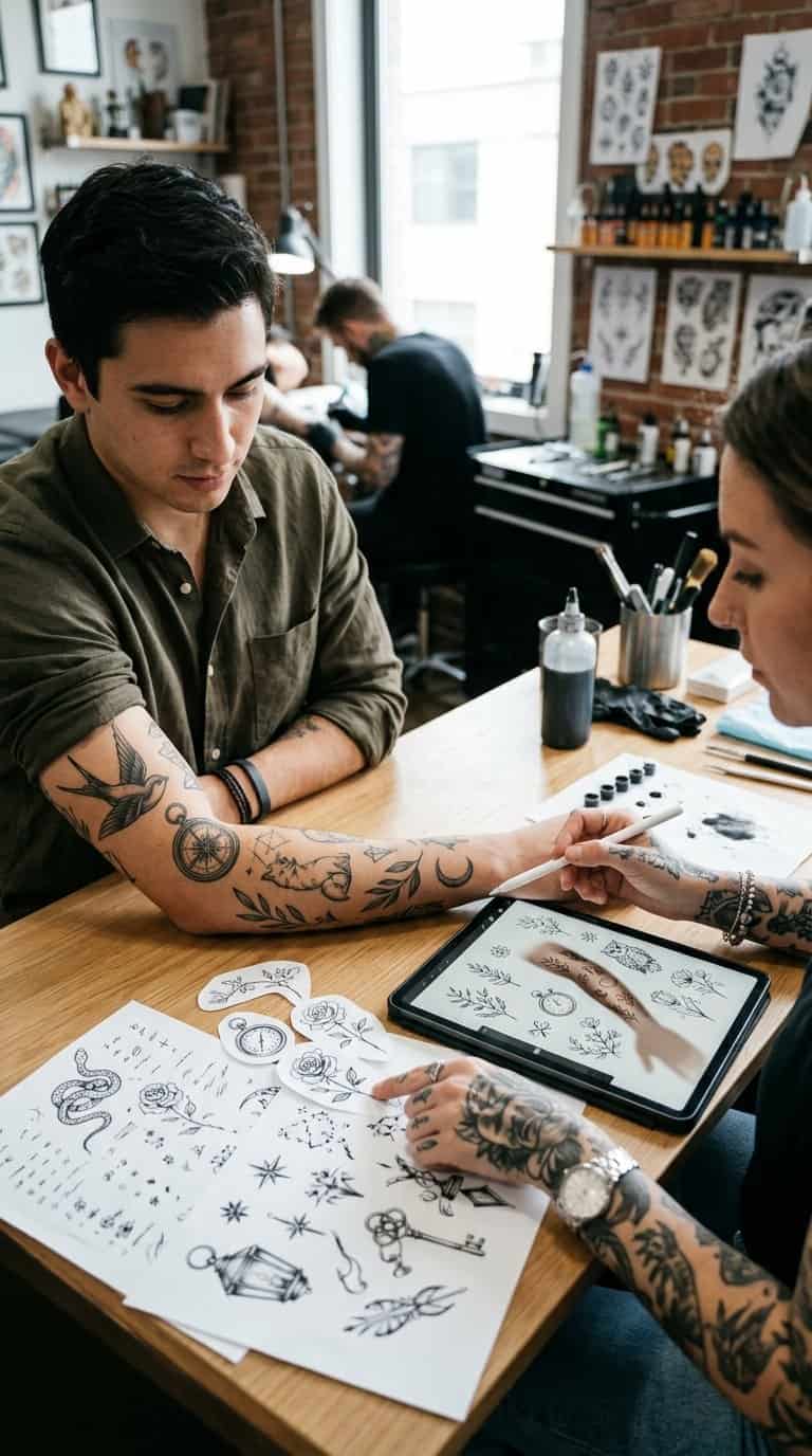A tattoo artist and client plan a coordinated collection of tattoos for a forearm sleeve.
