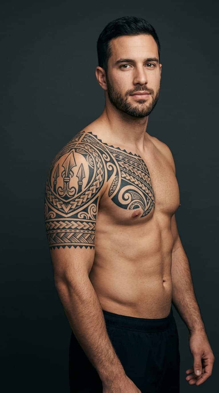 A shirtless man displays a bold Polynesian tribal tattoo across his chest and shoulder.