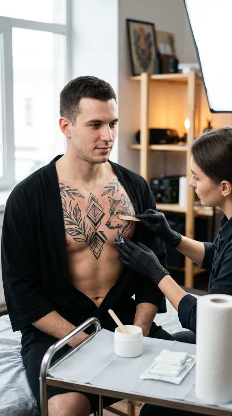 A tattoo artist applies aftercare ointment to a man's chest tattoo in a clean studio.