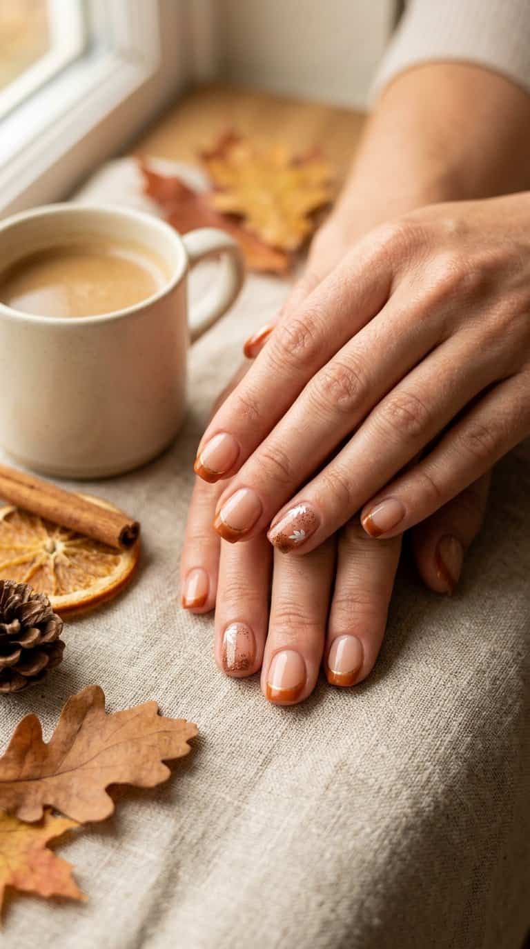 A hand displays short nails with pumpkin-orange French tips on a warm neutral surface with autumn accents.