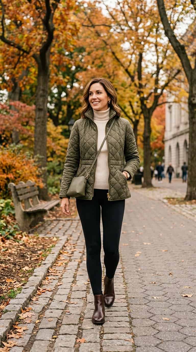 A woman wearing a quilted jacket, turtleneck, leggings, and ankle boots stands outdoors among autumn trees.
