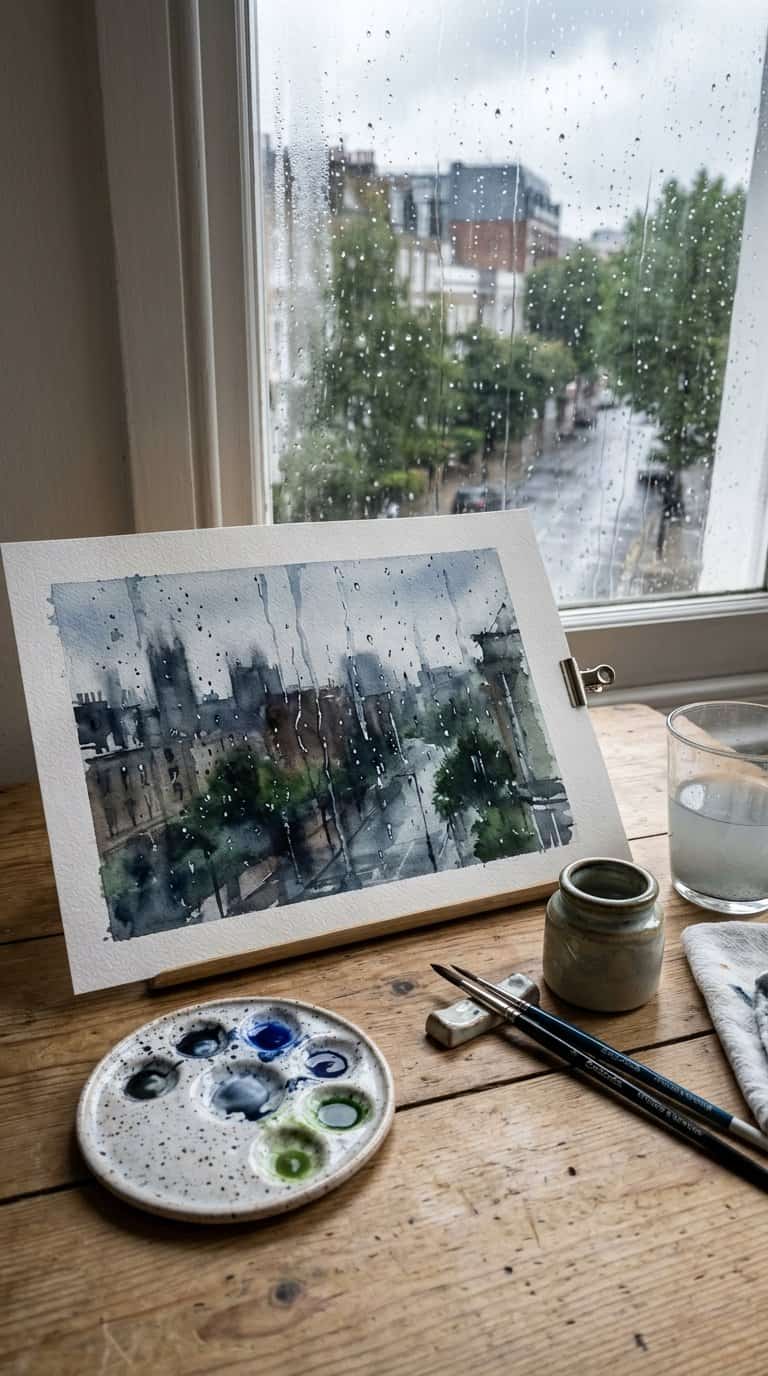 A watercolor painting of raindrops on a window rests on a desk beside brushes and painting supplies.