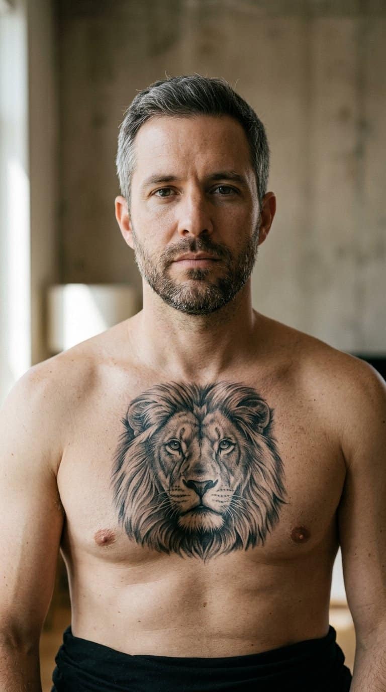 Man displaying a detailed lion tattoo across his chest.