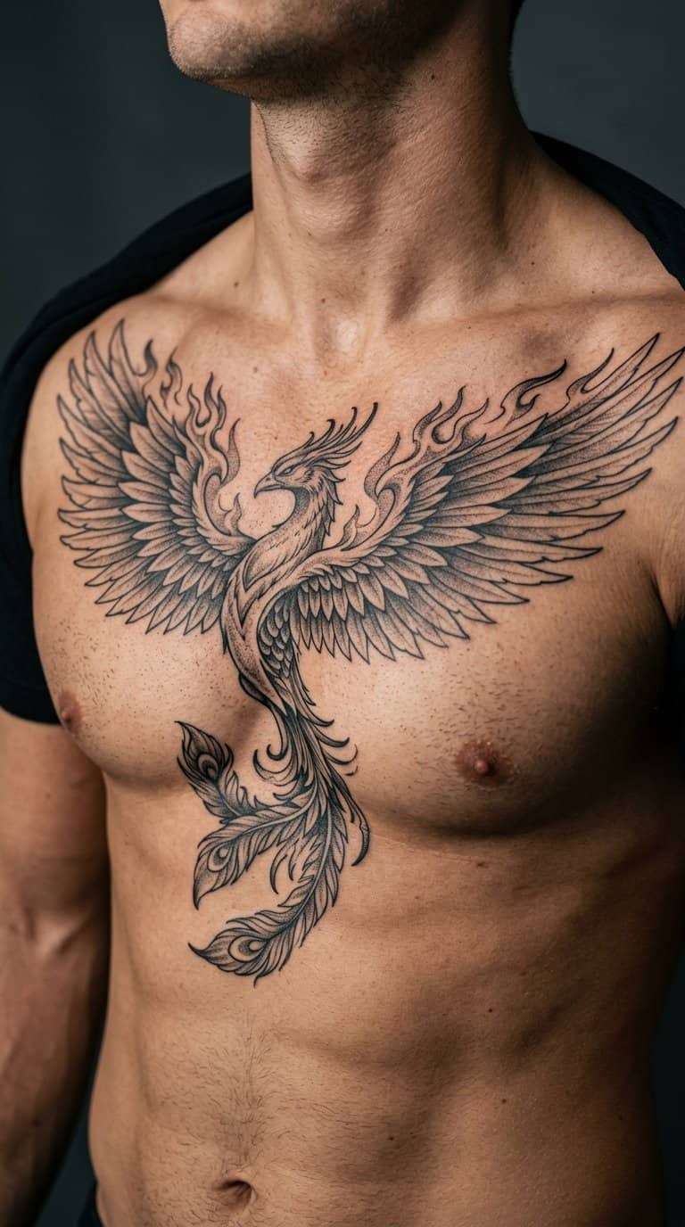 A man displays a detailed phoenix tattoo across his chest.
