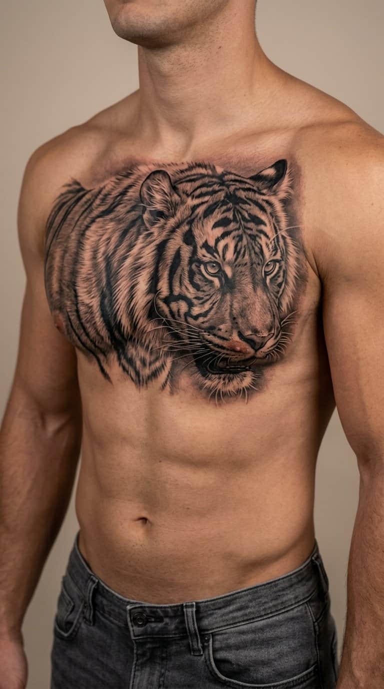 A man displays a realistic tiger tattoo across his chest.