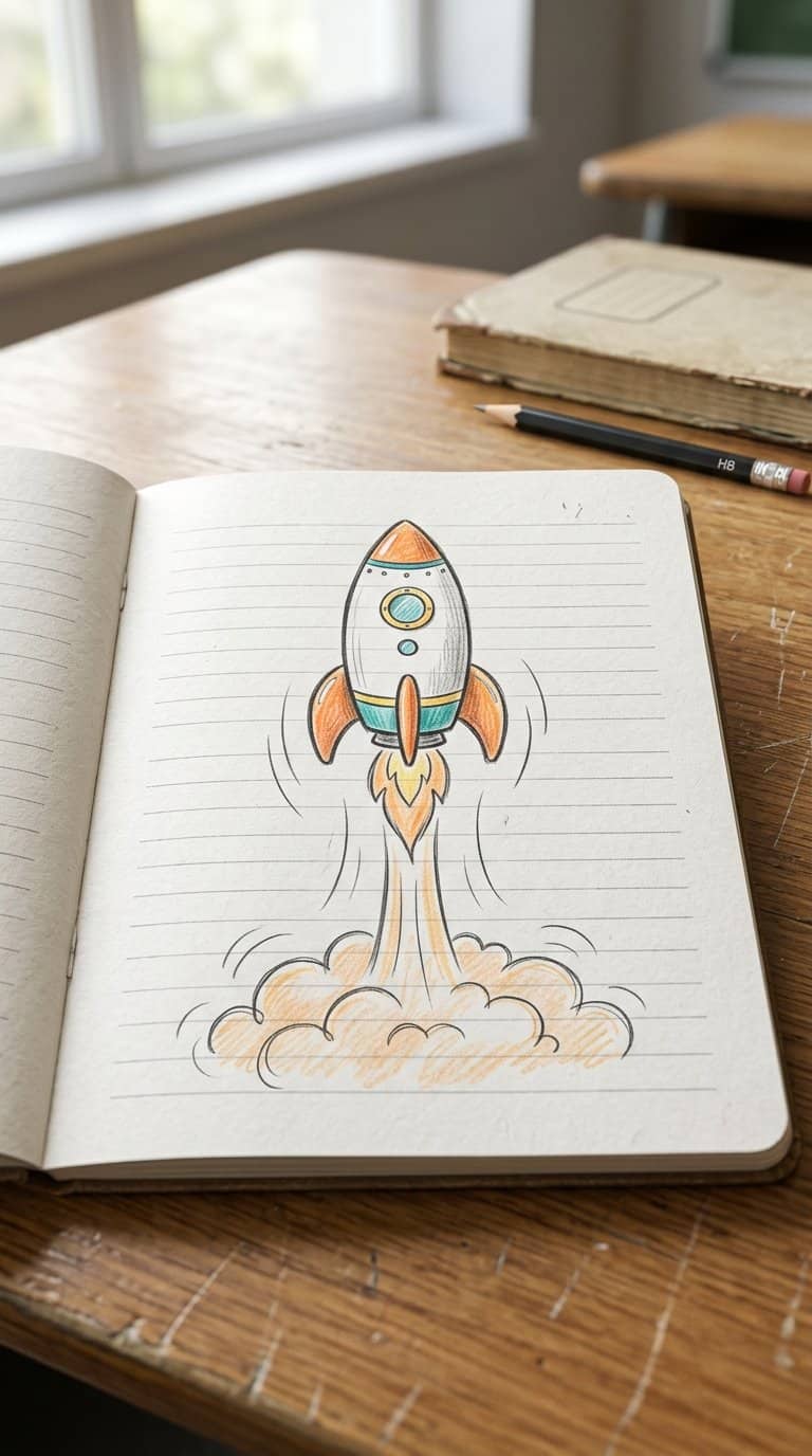A colorful rocket doodle launches upward from a sketchbook page on a desk.