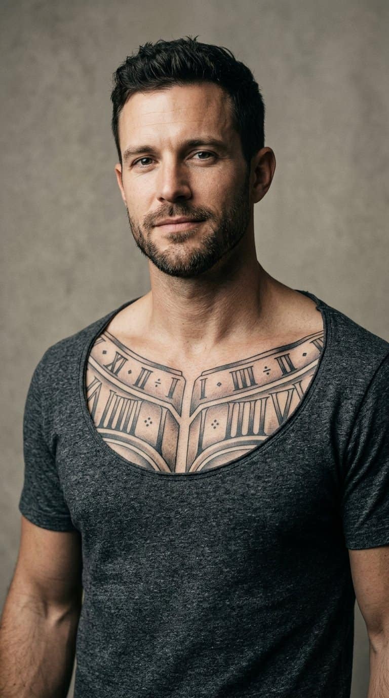 A man with a large symmetrical tattoo across his upper chest.