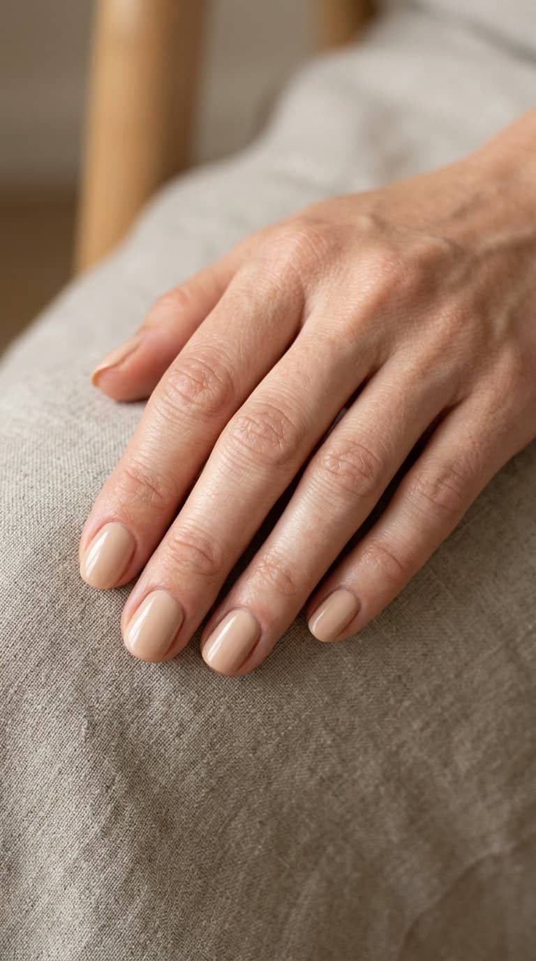 A close-up of a hand with short rounded nails painted beige.