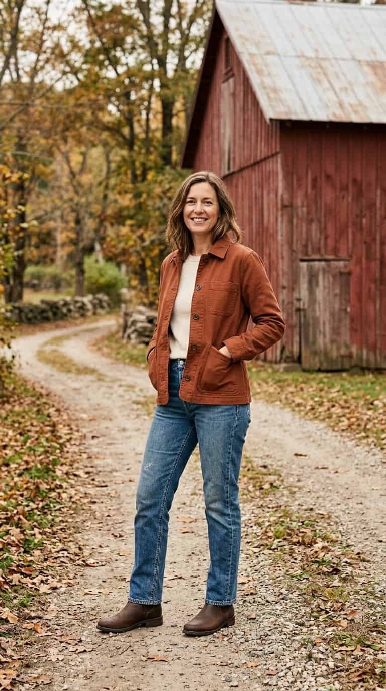 A person wearing a rust-colored jacket, straight-leg jeans, and ankle boots stands near a red barn surrounded by autumn trees.
