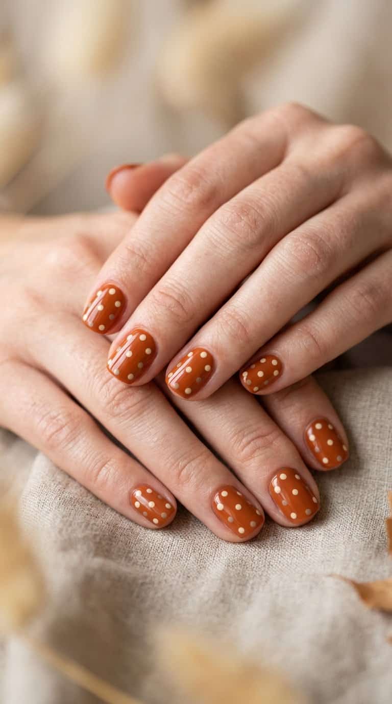 Close-up of short rust-colored nails decorated with small cream polka dots.