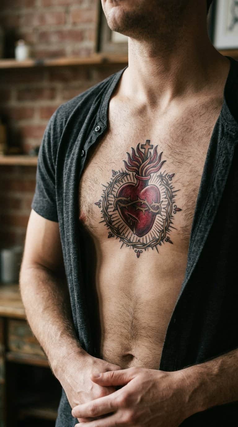 Close-up of a man's chest showing a detailed Sacred Heart tattoo centered over the sternum.