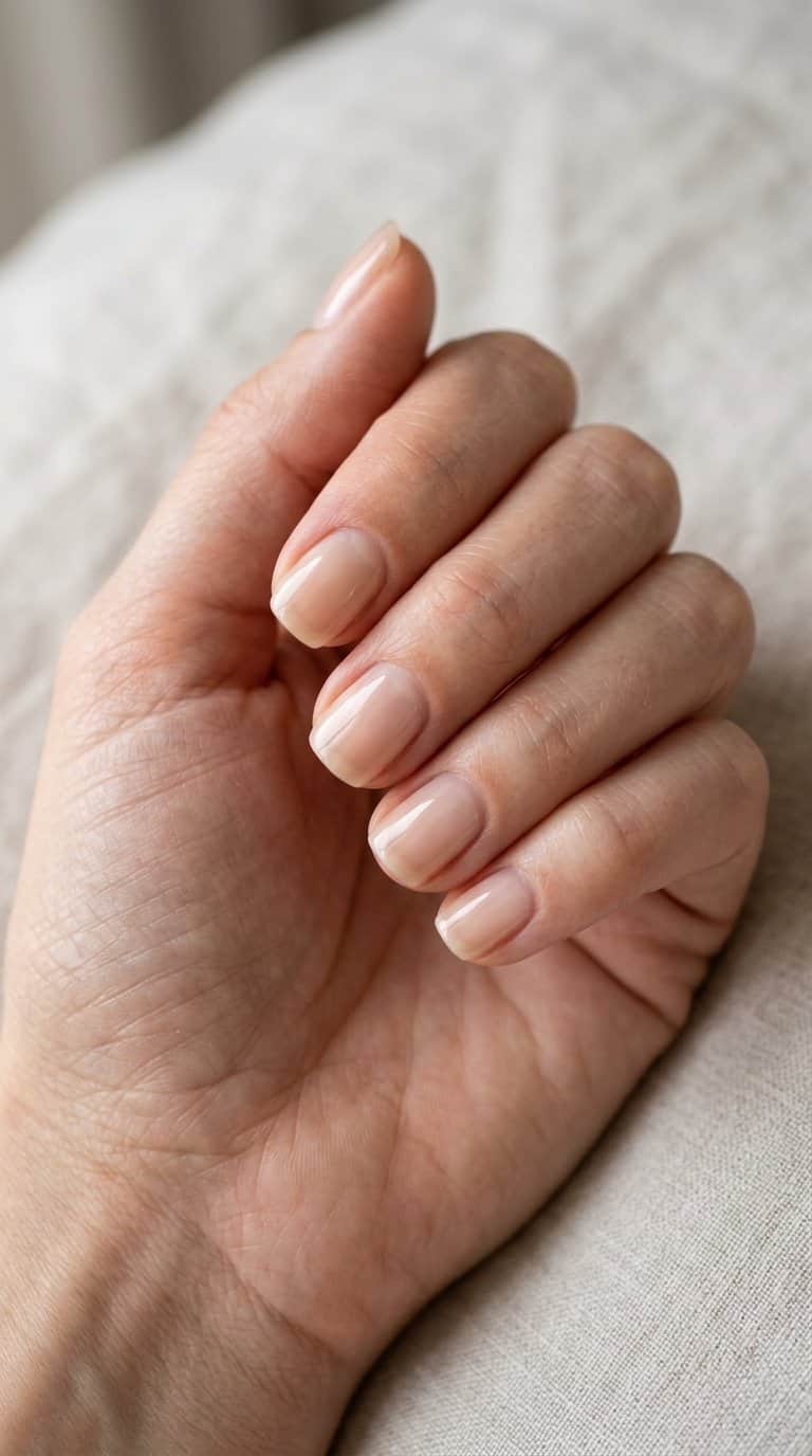 A hand with short nails painted in a sheer nude gloss.