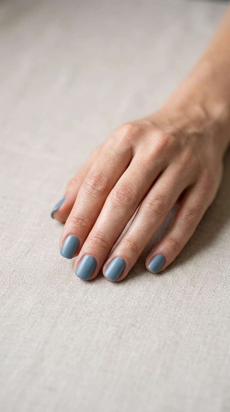 A hand with short dusty blue painted nails resting on a neutral surface.