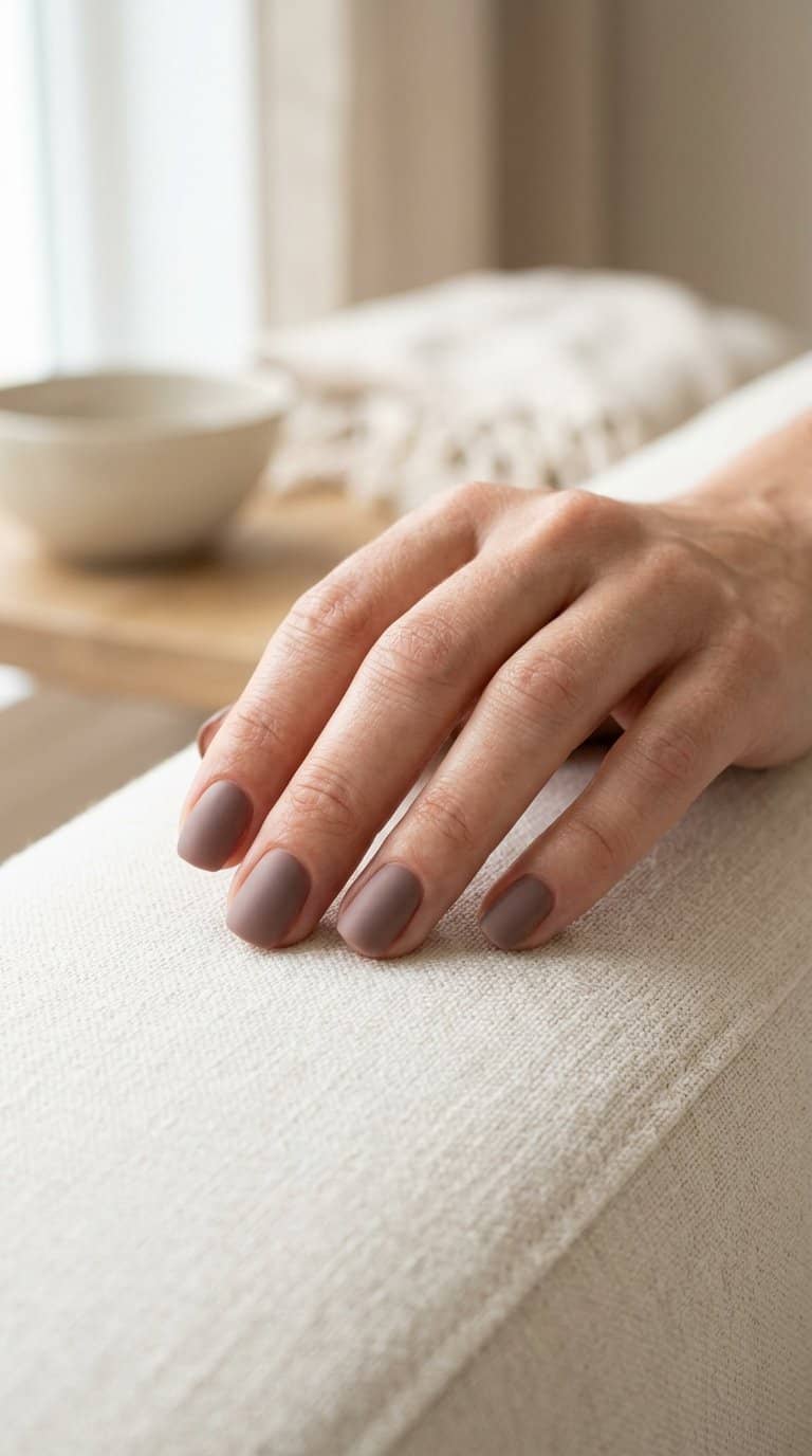 A hand with short matte taupe-painted nails resting on a neutral surface.