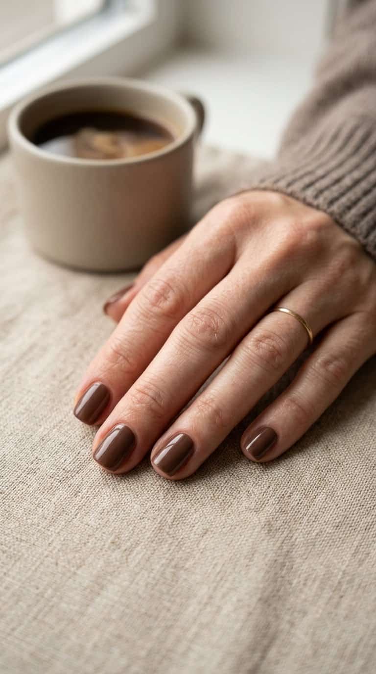 A hand with short glossy mocha-brown nails resting on a neutral surface beside a coffee cup.