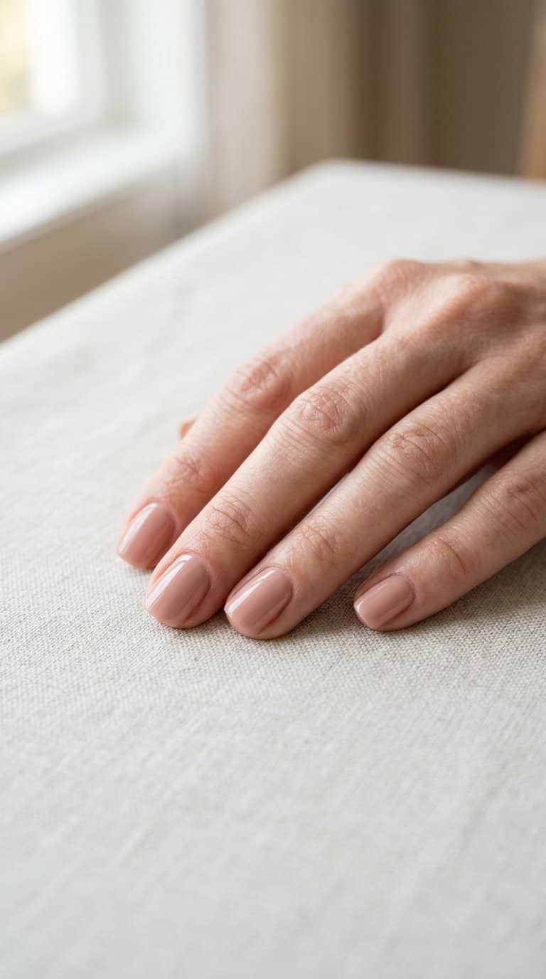 A hand with short rose beige painted nails resting on a neutral surface.