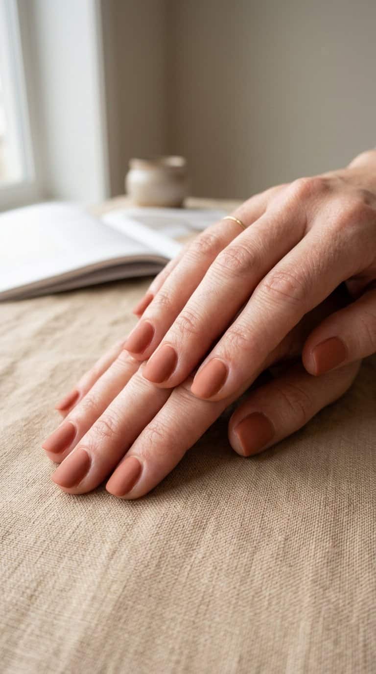 Close-up of hands with short terracotta-colored nails resting on a neutral surface.