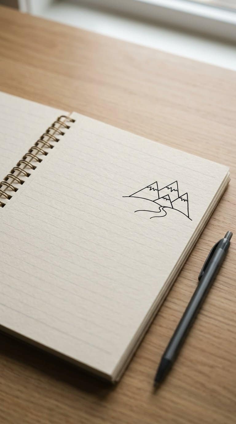 An open notebook with a simple mountain range doodle drawn in the margin.