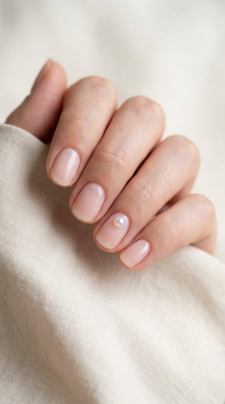 A hand with short nude nails and one small pearl accent nail.
