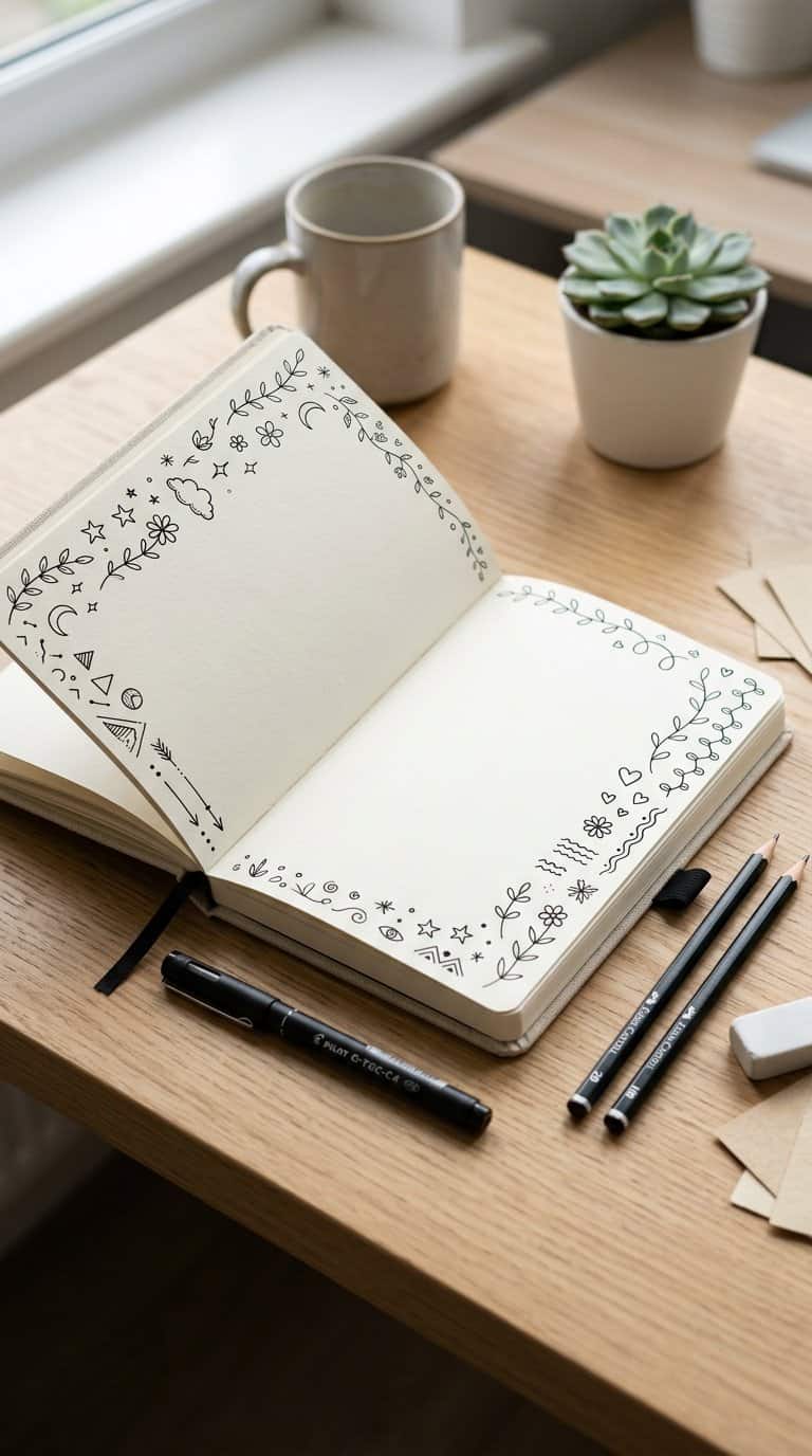An open notebook with simple decorative doodles around the page margins and drawing tools on a desk.
